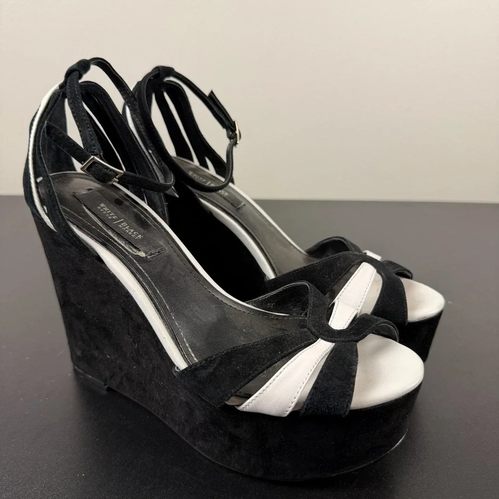 White House Black Market Platform Heels Womens 8M Black Suede Peep Toe Career